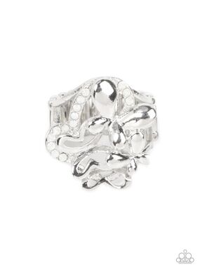 Fluttering Flashback White Paparazzi Shimmering Silver Floral Statement Ring
